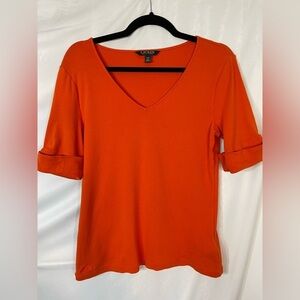 Lauren Ralph Lauren orange medium cuffed short sleeve v-neck top!